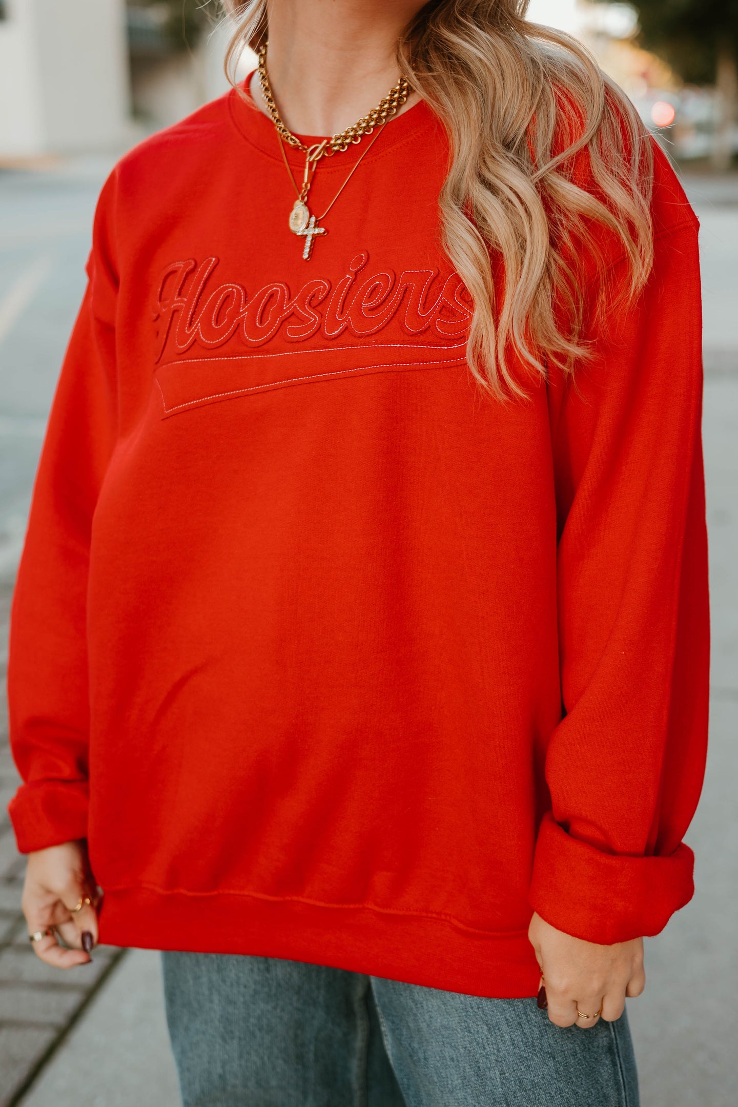 RED HOOSIERS FELT PATCH CREWNECK